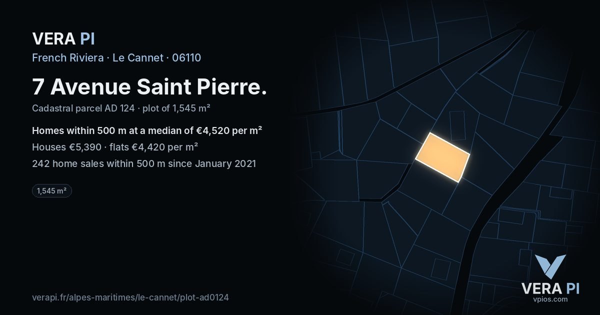 7 Avenue Saint Pierre, Le Cannet at night – the plot lit, the parcels around coloured by the prices near them