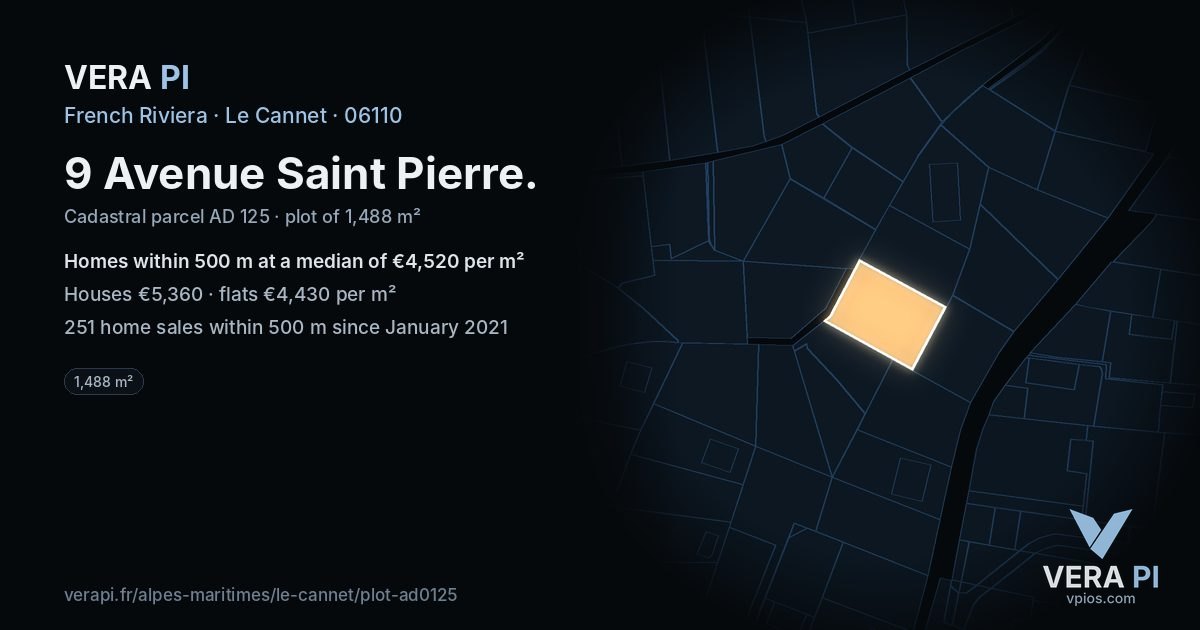 9 Avenue Saint Pierre, Le Cannet at night – the plot lit, the parcels around coloured by the prices near them