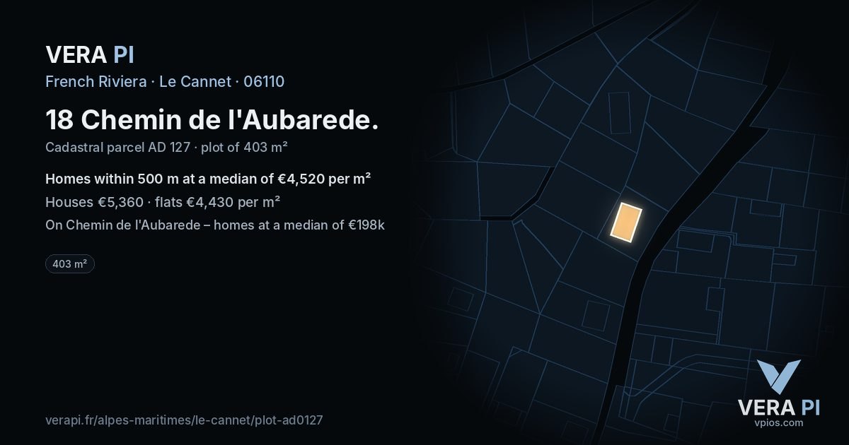 18 Chemin de l'Aubarede, Le Cannet at night – the plot lit, the parcels around coloured by the prices near them