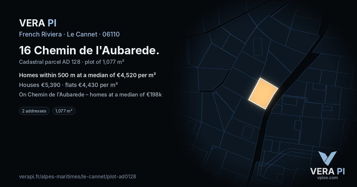 16 Chemin de l'Aubarede, Le Cannet at night – the plot lit, the parcels around coloured by the prices near them