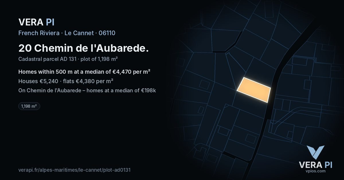 20 Chemin de l'Aubarede, Le Cannet at night – the plot lit, the parcels around coloured by the prices near them