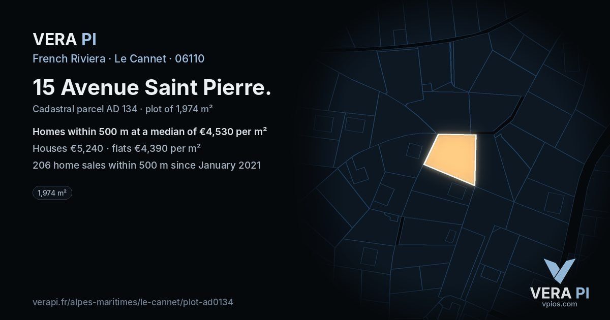 15 Avenue Saint Pierre, Le Cannet at night – the plot lit, the parcels around coloured by the prices near them