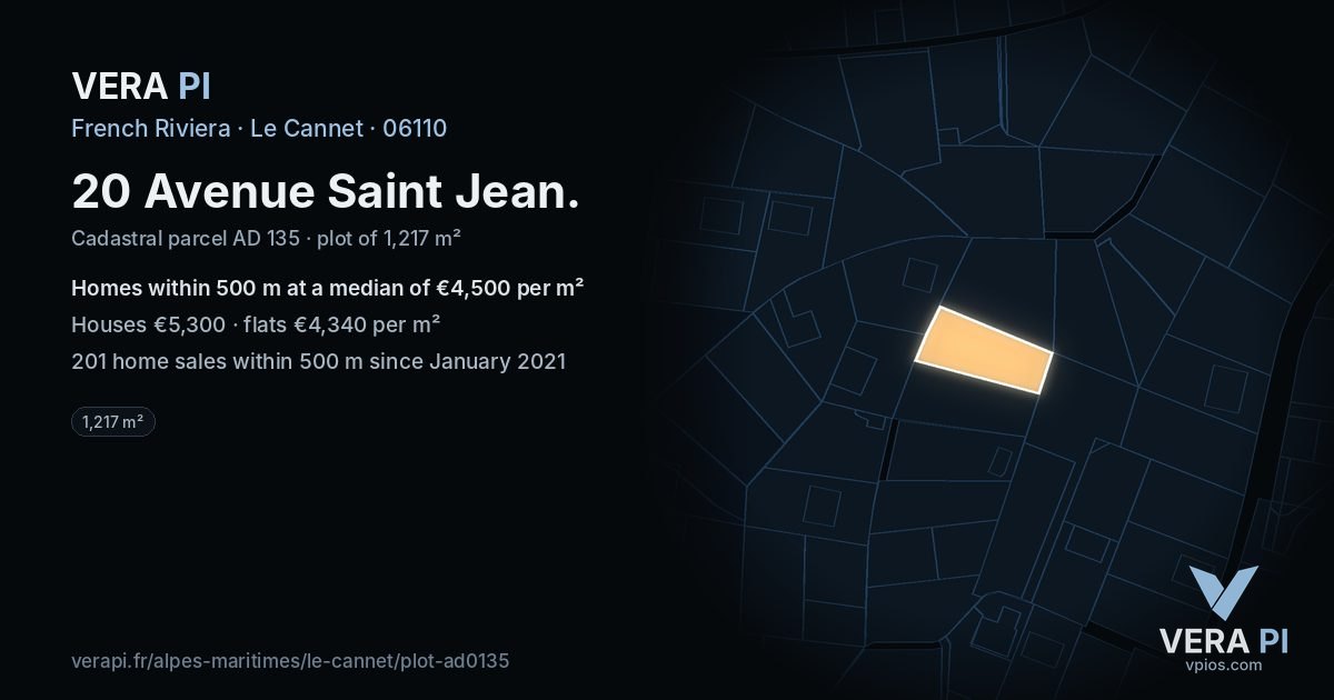 20 Avenue Saint Jean, Le Cannet at night – the plot lit, the parcels around coloured by the prices near them