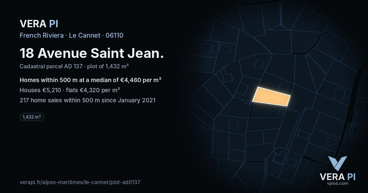 18 Avenue Saint Jean, Le Cannet at night – the plot lit, the parcels around coloured by the prices near them