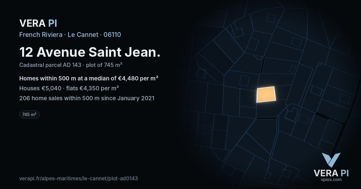 12 Avenue Saint Jean, Le Cannet at night – the plot lit, the parcels around coloured by the prices near them