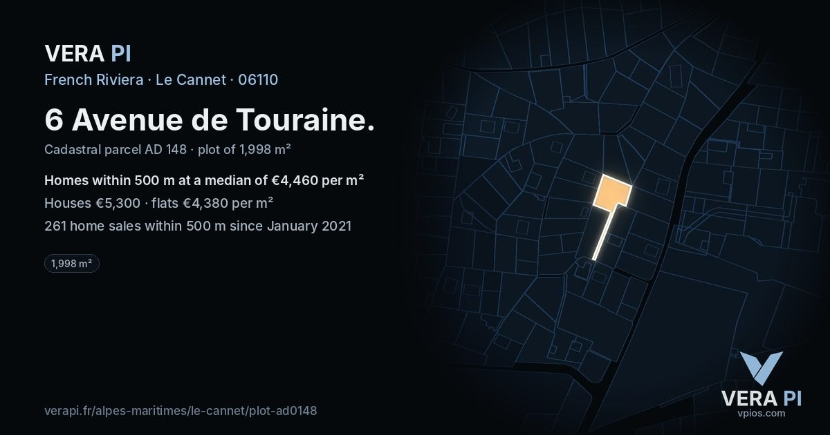 6 Avenue de Touraine, Le Cannet at night – the plot lit, the parcels around coloured by the prices near them