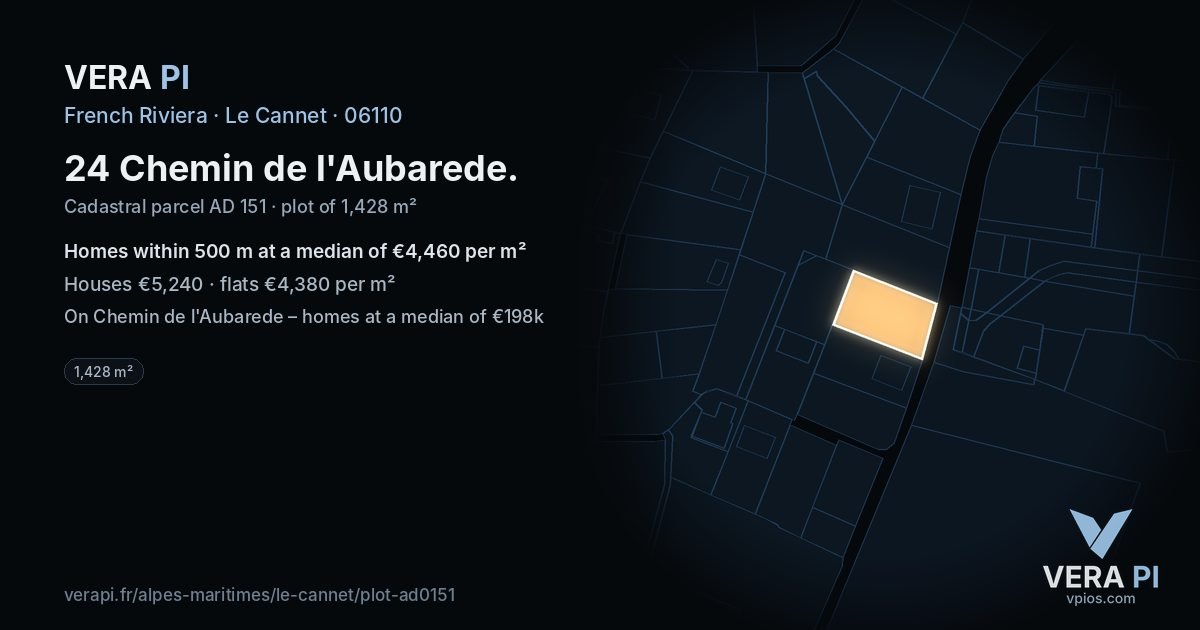 24 Chemin de l'Aubarede, Le Cannet at night – the plot lit, the parcels around coloured by the prices near them