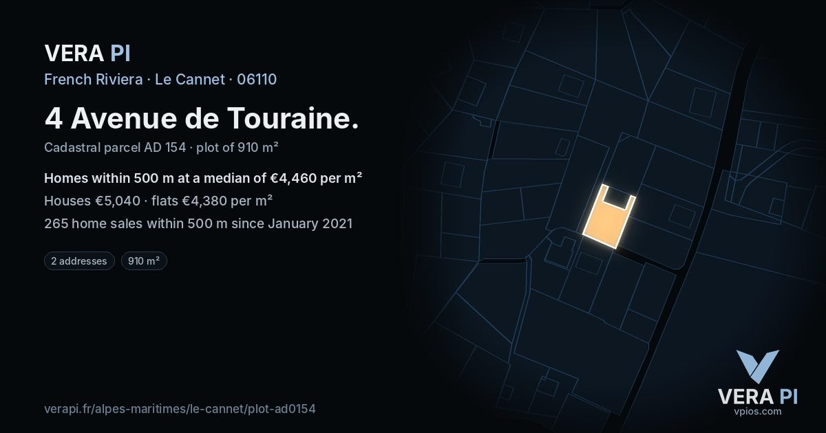4 Avenue de Touraine, Le Cannet at night – the plot lit, the parcels around coloured by the prices near them