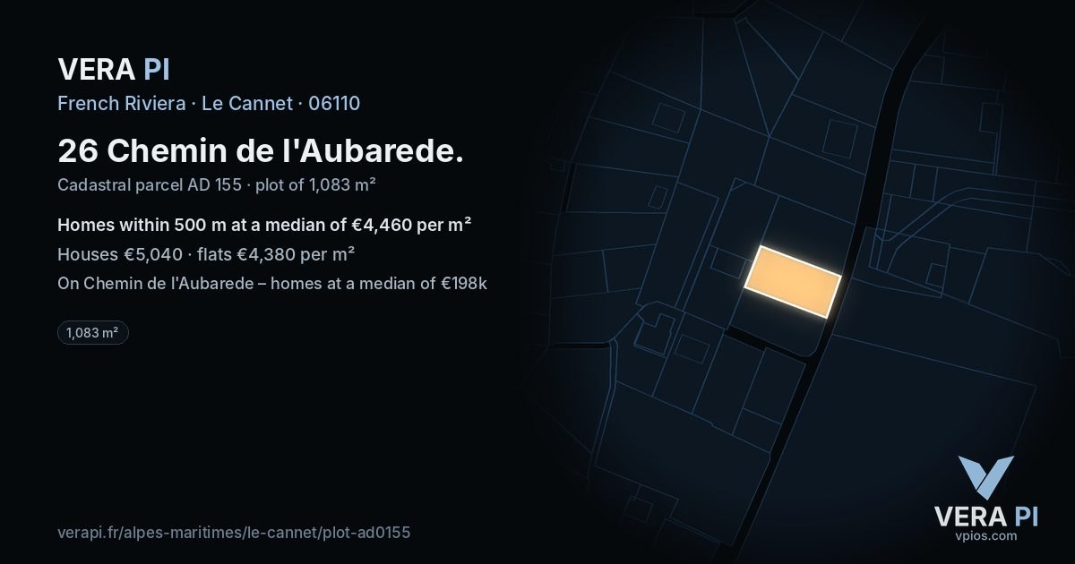 26 Chemin de l'Aubarede, Le Cannet at night – the plot lit, the parcels around coloured by the prices near them