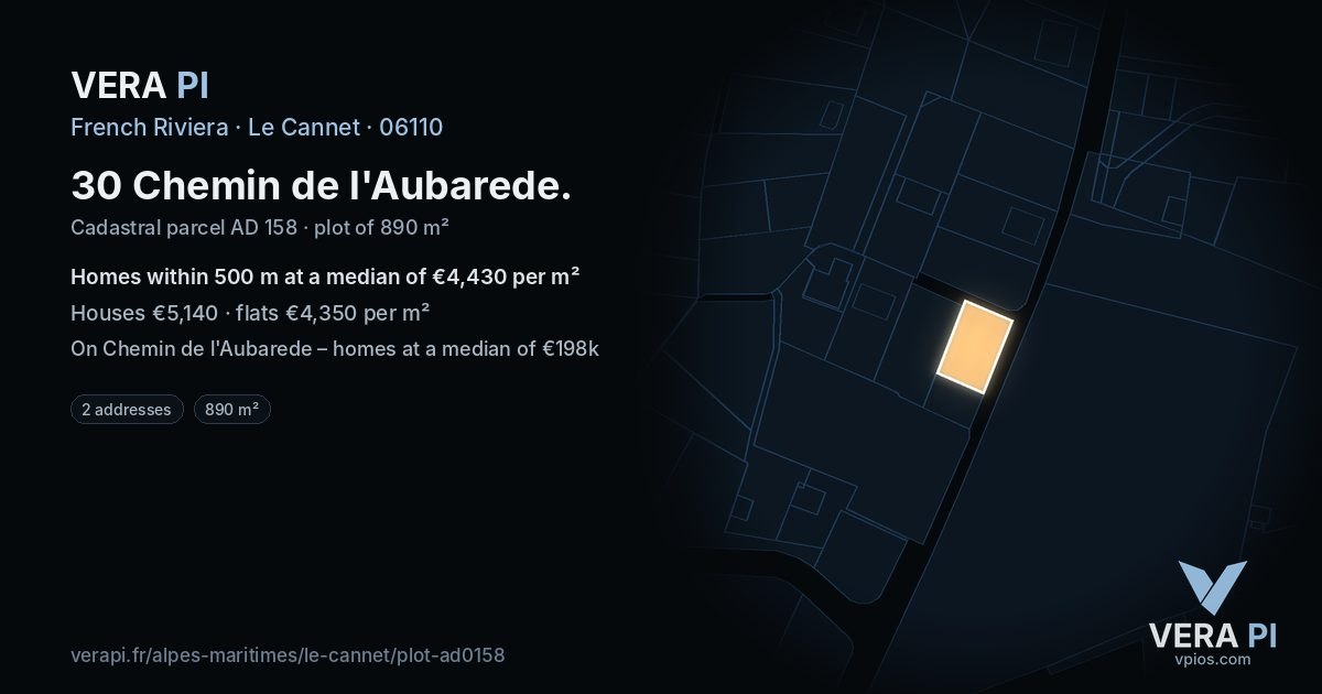 30 Chemin de l'Aubarede, Le Cannet at night – the plot lit, the parcels around coloured by the prices near them