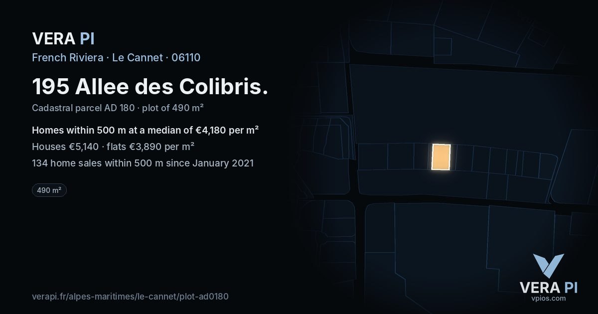 195 Allee des Colibris, Le Cannet at night – the plot lit, the parcels around coloured by the prices near them