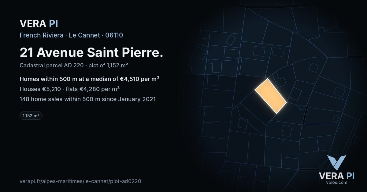 21 Avenue Saint Pierre, Le Cannet at night – the plot lit, the parcels around coloured by the prices near them