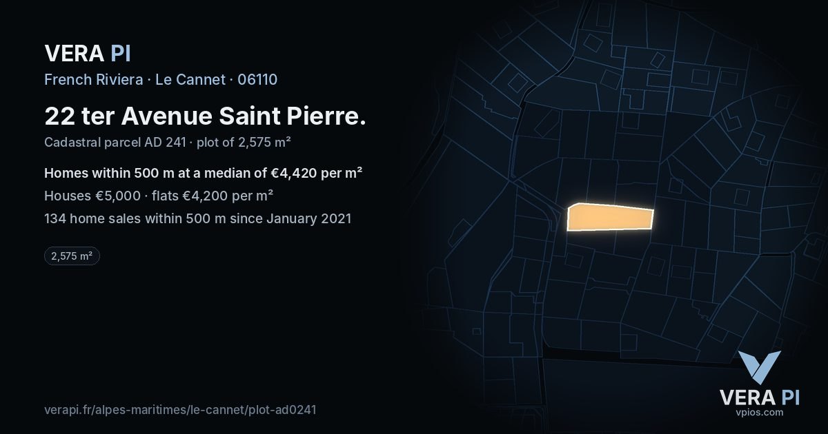 22 ter Avenue Saint Pierre, Le Cannet at night – the plot lit, the parcels around coloured by the prices near them