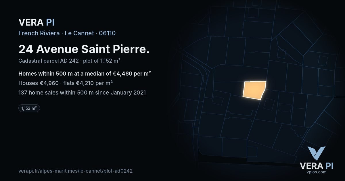 24 Avenue Saint Pierre, Le Cannet at night – the plot lit, the parcels around coloured by the prices near them