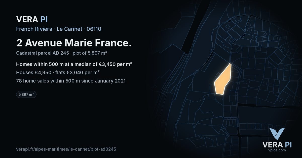 2 Avenue Marie France, Le Cannet at night – the plot lit, the parcels around coloured by the prices near them