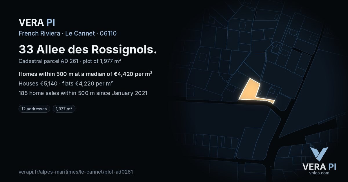 33 Allee des Rossignols, Le Cannet at night – the plot lit, the parcels around coloured by the prices near them