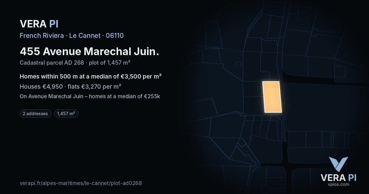 455 Avenue Marechal Juin, Le Cannet at night – the plot lit, the parcels around coloured by the prices near them