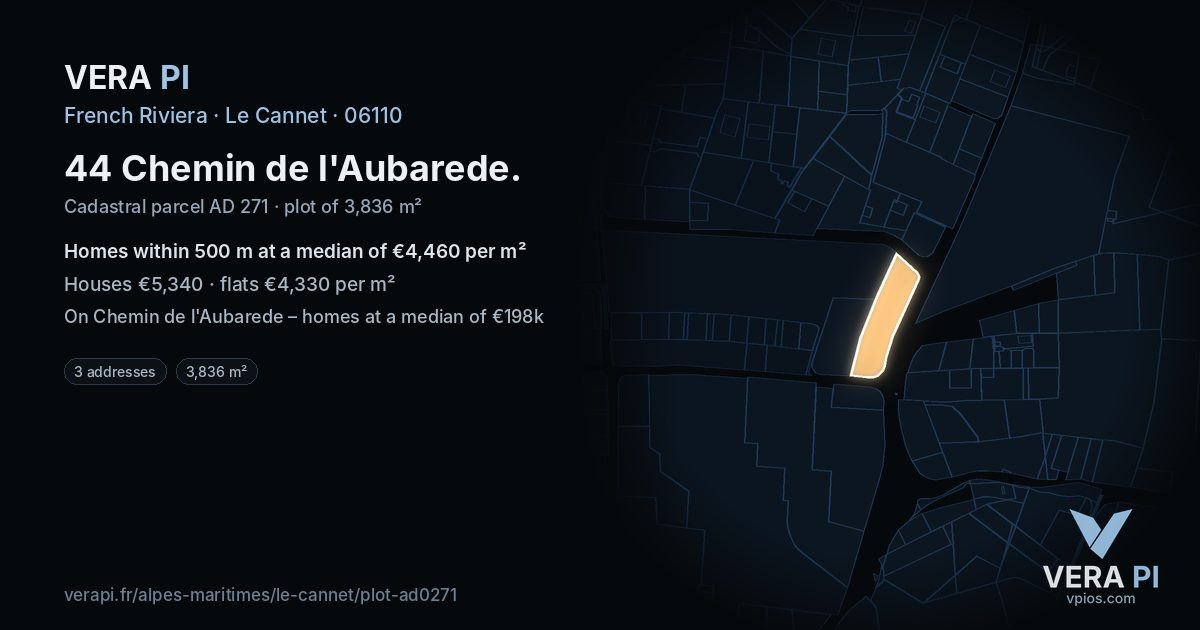 44 Chemin de l'Aubarede, Le Cannet at night – the plot lit, the parcels around coloured by the prices near them