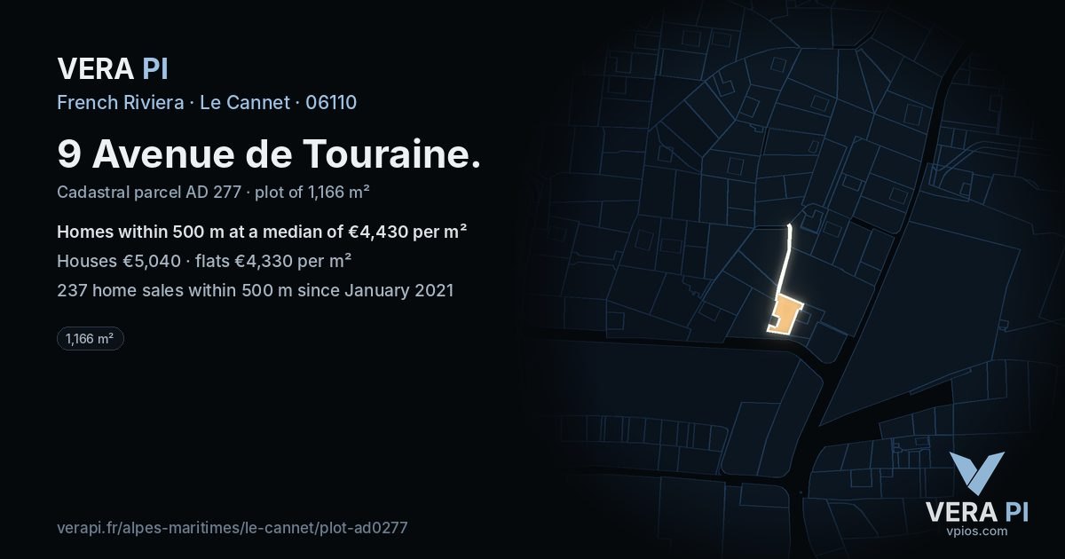 9 Avenue de Touraine, Le Cannet at night – the plot lit, the parcels around coloured by the prices near them