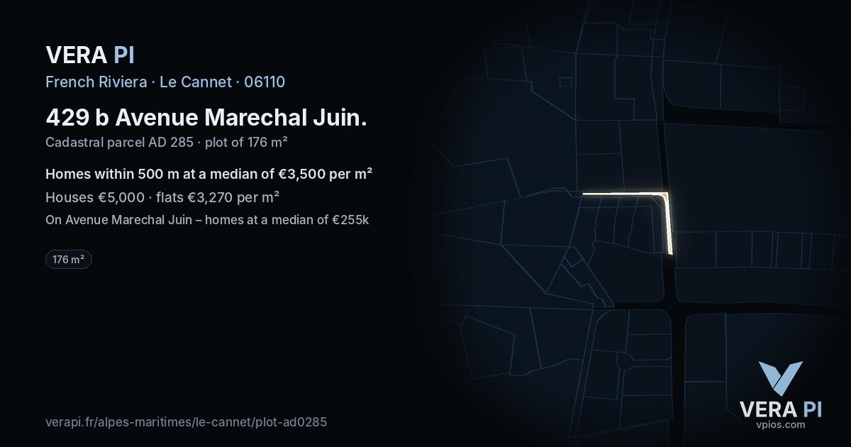 429 b Avenue Marechal Juin, Le Cannet at night – the plot lit, the parcels around coloured by the prices near them
