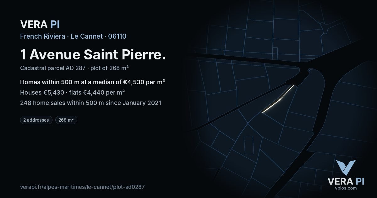 1 Avenue Saint Pierre, Le Cannet at night – the plot lit, the parcels around coloured by the prices near them