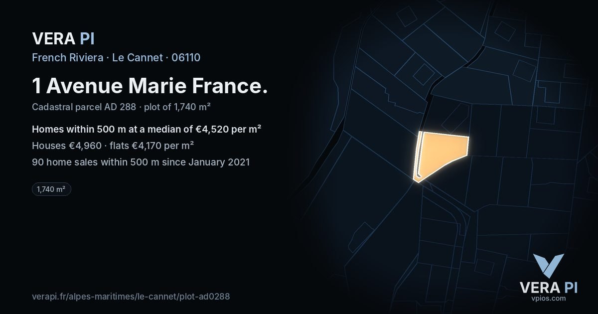 1 Avenue Marie France, Le Cannet at night – the plot lit, the parcels around coloured by the prices near them