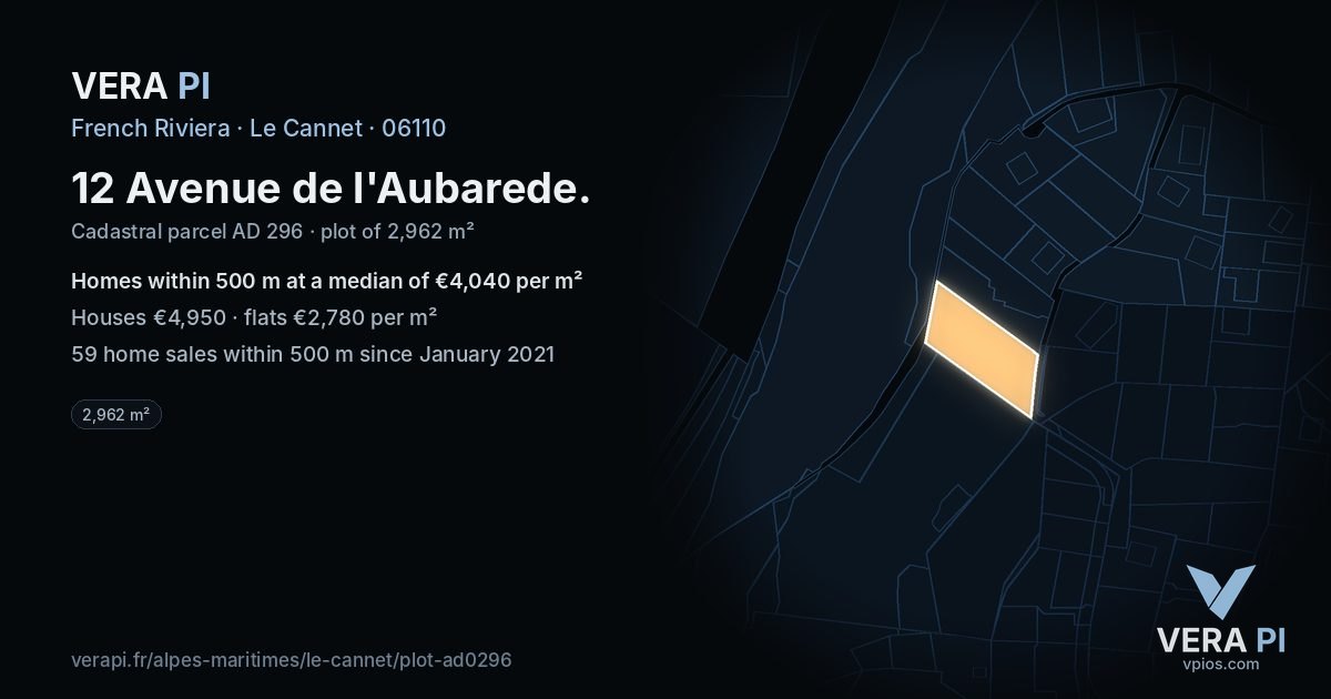 12 Avenue de l'Aubarede, Le Cannet at night – the plot lit, the parcels around coloured by the prices near them