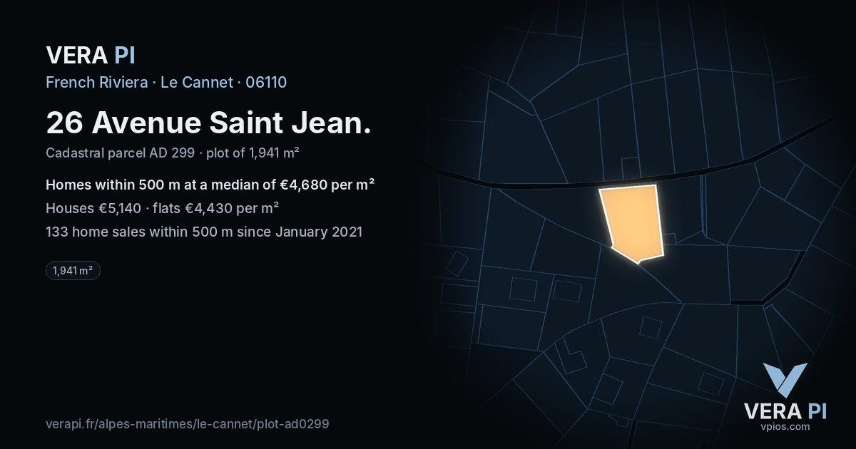 26 Avenue Saint Jean, Le Cannet at night – the plot lit, the parcels around coloured by the prices near them