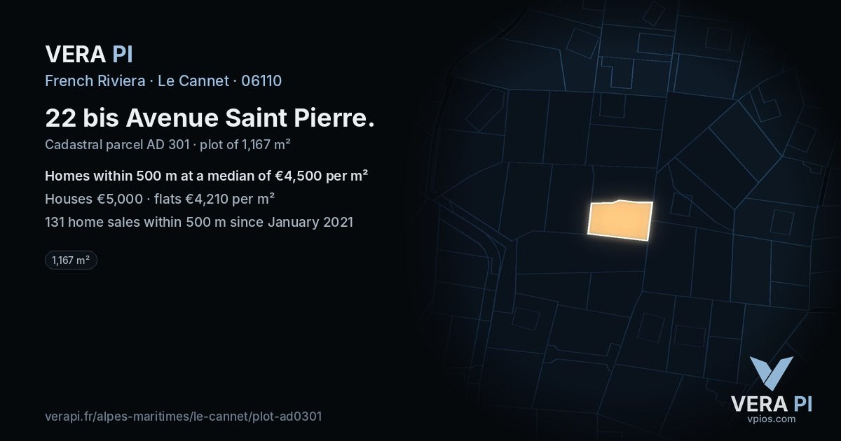 22 bis Avenue Saint Pierre, Le Cannet at night – the plot lit, the parcels around coloured by the prices near them
