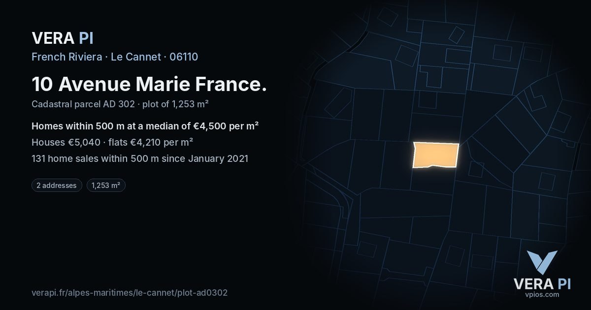 10 Avenue Marie France, Le Cannet at night – the plot lit, the parcels around coloured by the prices near them
