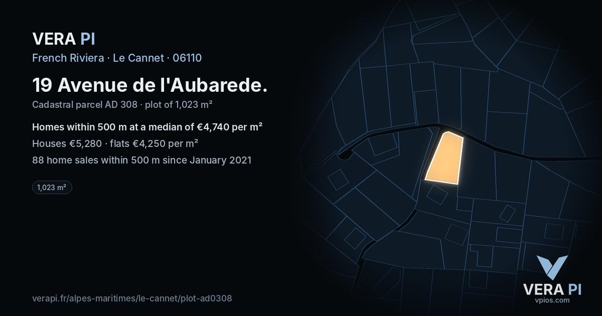 19 Avenue de l'Aubarede, Le Cannet at night – the plot lit, the parcels around coloured by the prices near them