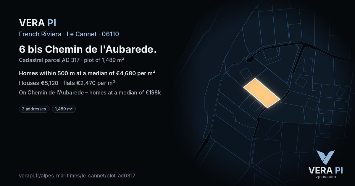 6 bis Chemin de l'Aubarede, Le Cannet at night – the plot lit, the parcels around coloured by the prices near them