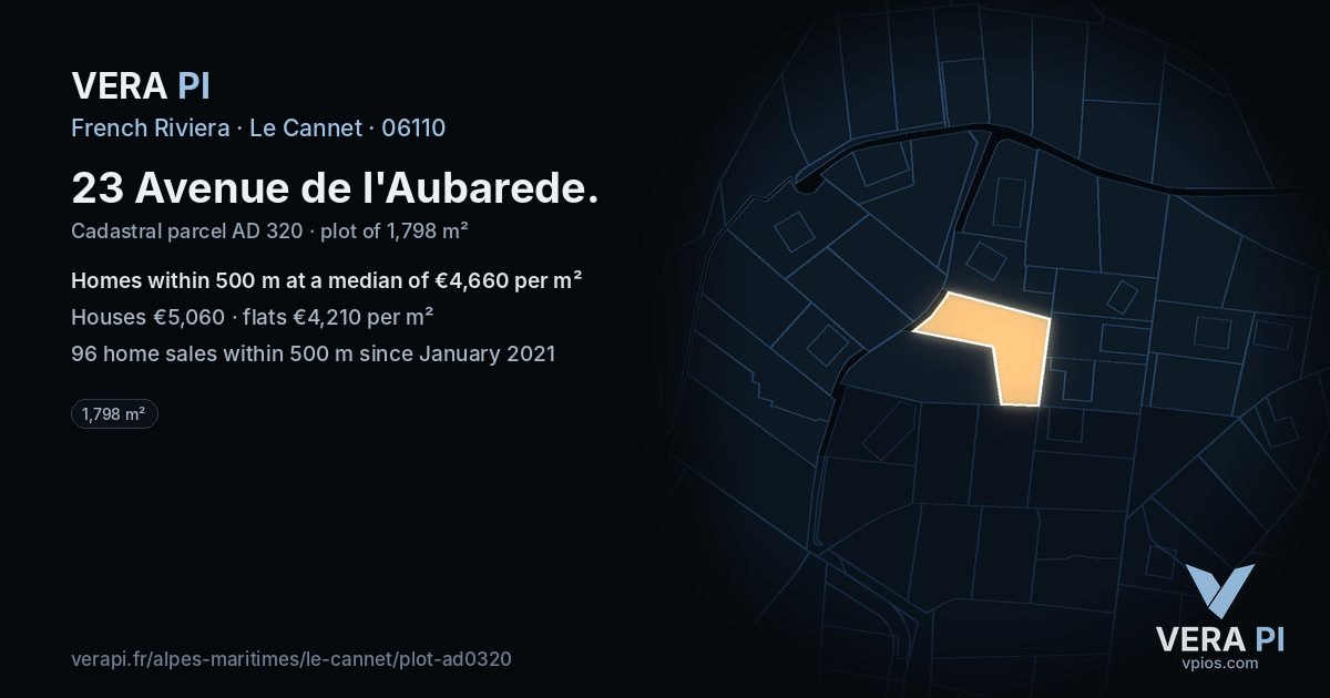 23 Avenue de l'Aubarede, Le Cannet at night – the plot lit, the parcels around coloured by the prices near them