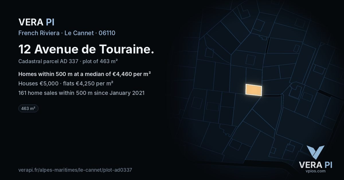 12 Avenue de Touraine, Le Cannet at night – the plot lit, the parcels around coloured by the prices near them