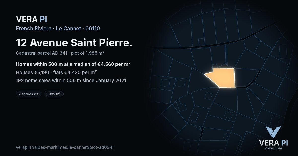 12 Avenue Saint Pierre, Le Cannet at night – the plot lit, the parcels around coloured by the prices near them