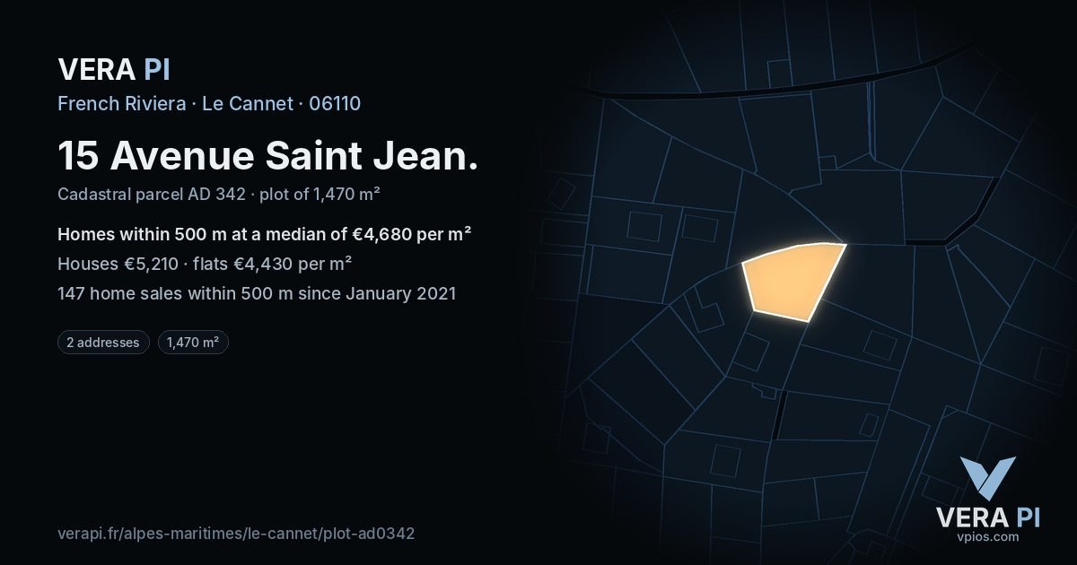 15 Avenue Saint Jean, Le Cannet at night – the plot lit, the parcels around coloured by the prices near them