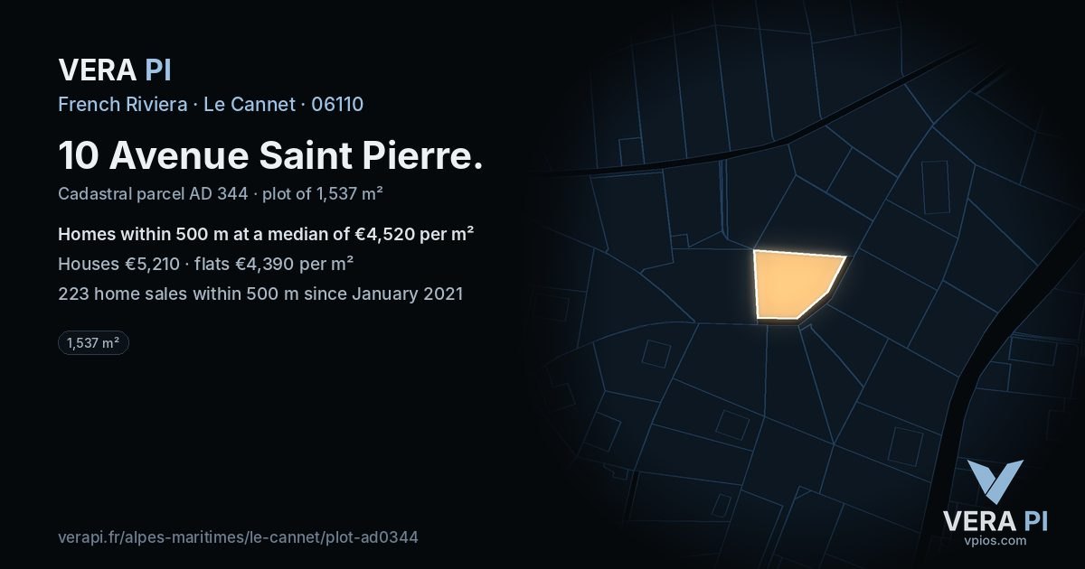 10 Avenue Saint Pierre, Le Cannet at night – the plot lit, the parcels around coloured by the prices near them