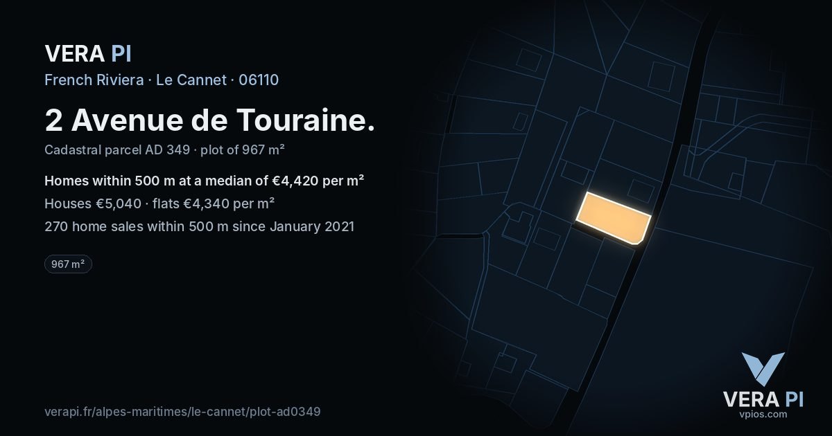 2 Avenue de Touraine, Le Cannet at night – the plot lit, the parcels around coloured by the prices near them