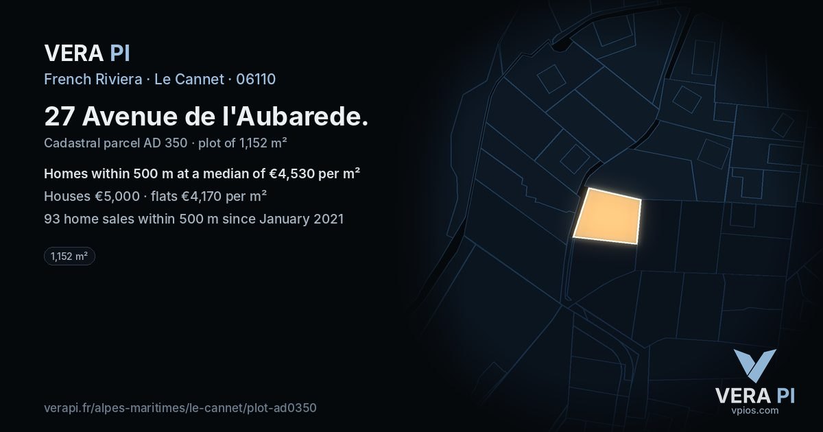 27 Avenue de l'Aubarede, Le Cannet at night – the plot lit, the parcels around coloured by the prices near them