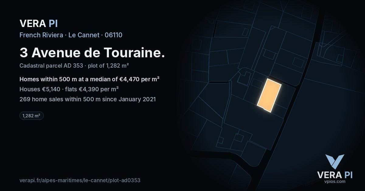 3 Avenue de Touraine, Le Cannet at night – the plot lit, the parcels around coloured by the prices near them
