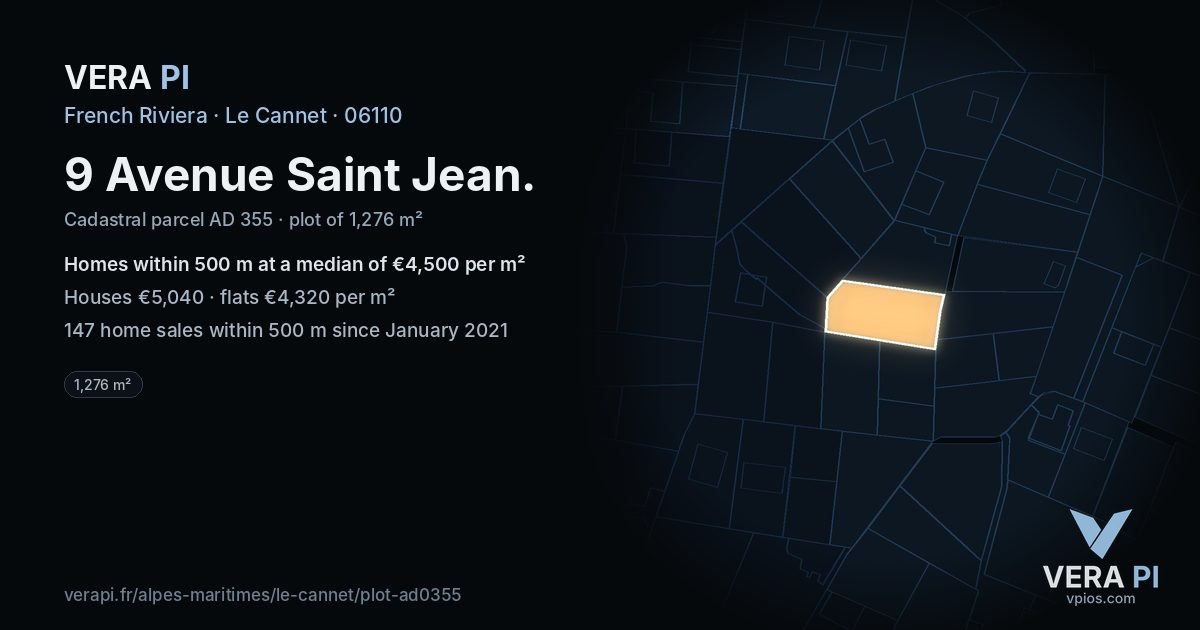 9 Avenue Saint Jean, Le Cannet at night – the plot lit, the parcels around coloured by the prices near them