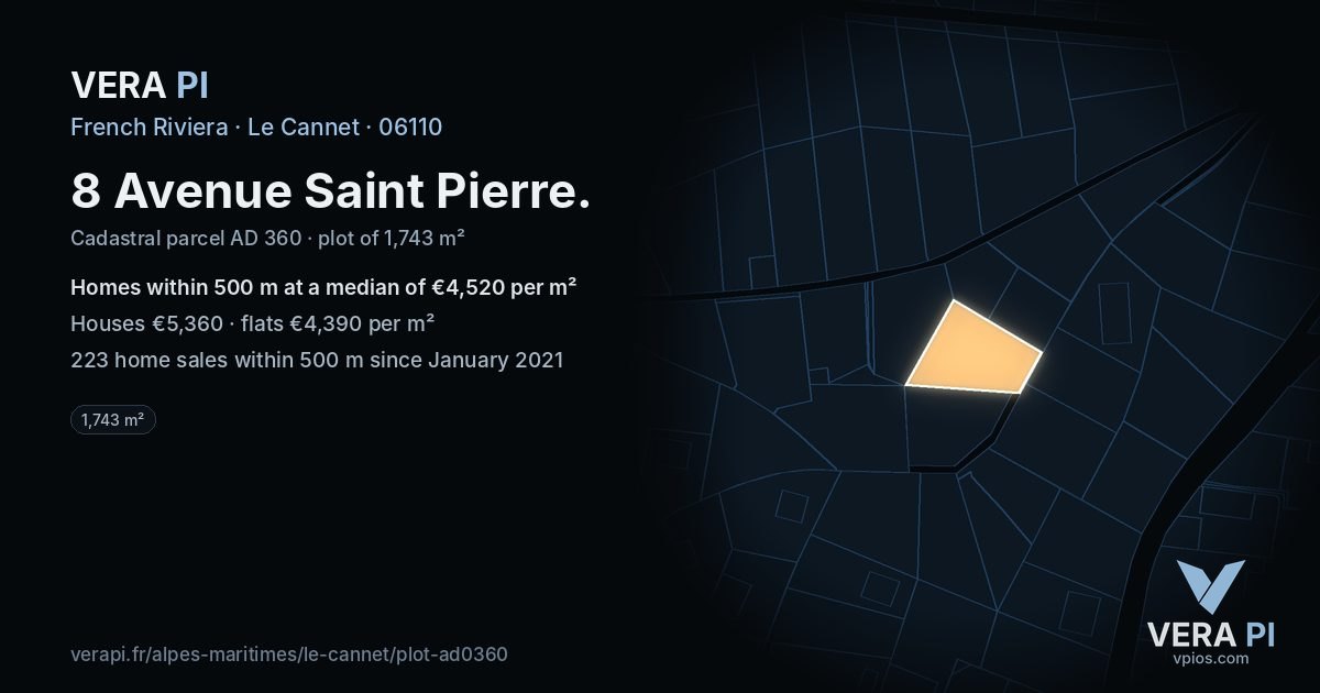 8 Avenue Saint Pierre, Le Cannet at night – the plot lit, the parcels around coloured by the prices near them