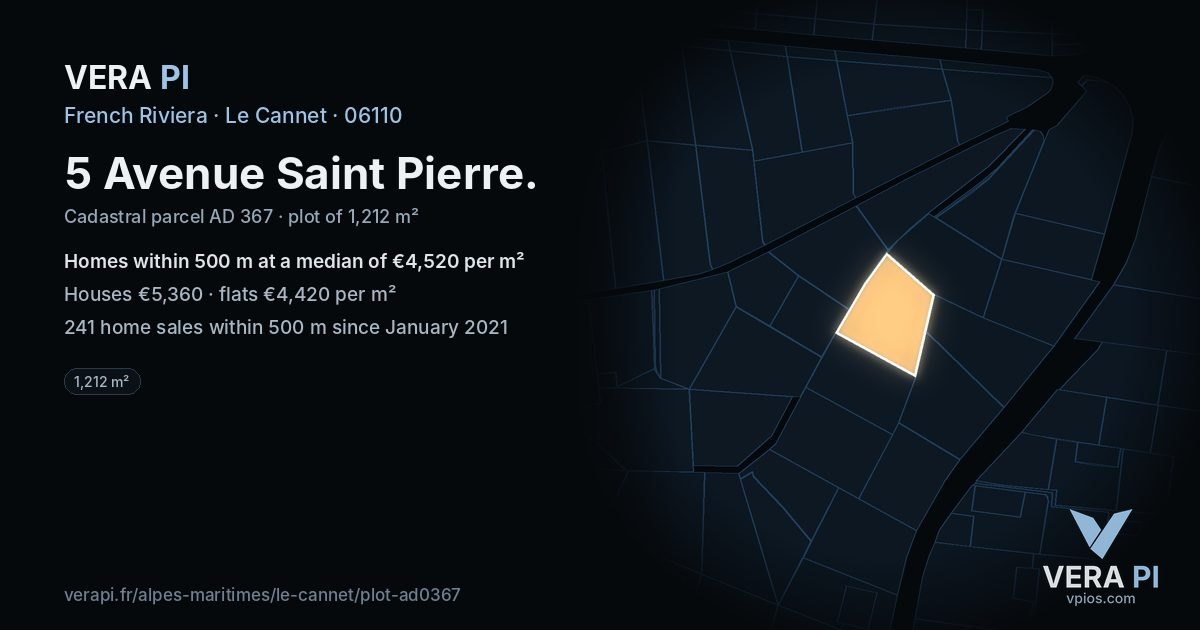 5 Avenue Saint Pierre, Le Cannet at night – the plot lit, the parcels around coloured by the prices near them