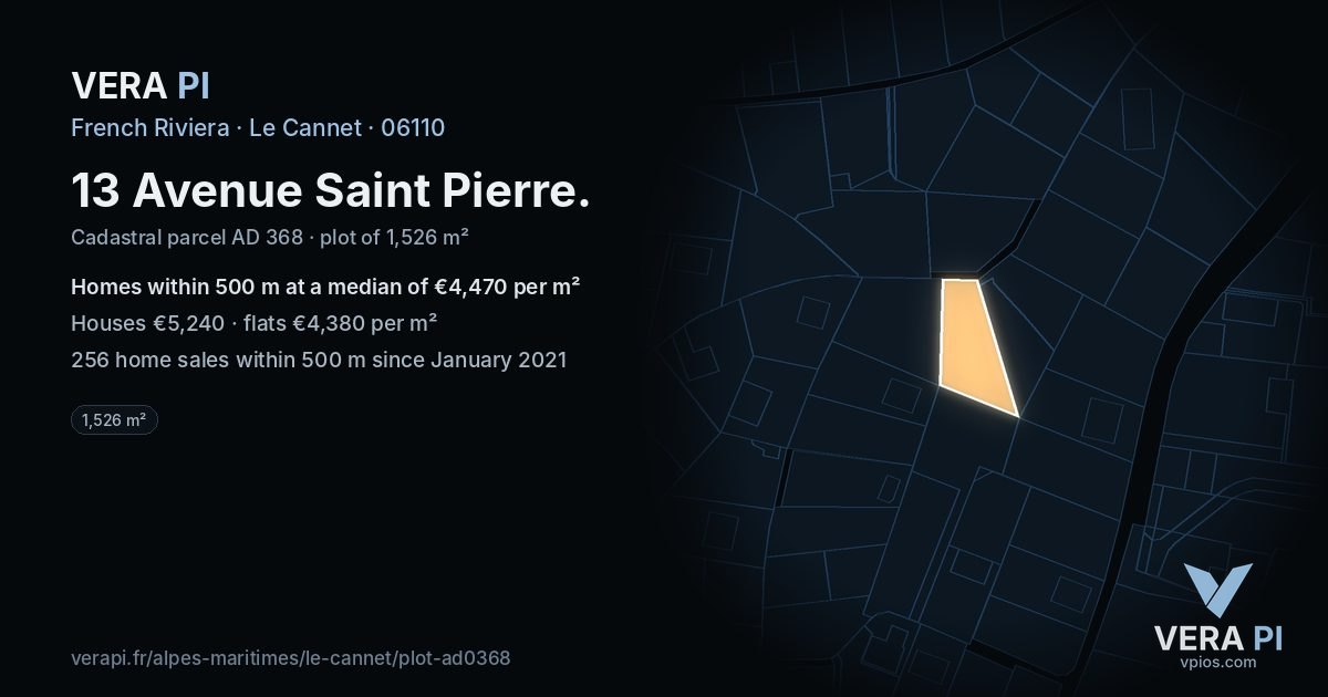 13 Avenue Saint Pierre, Le Cannet at night – the plot lit, the parcels around coloured by the prices near them