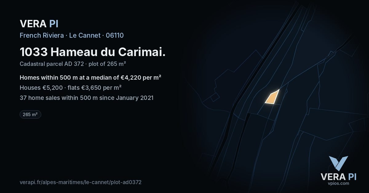 1033 Hameau du Carimai, Le Cannet at night – the plot lit, the parcels around coloured by the prices near them