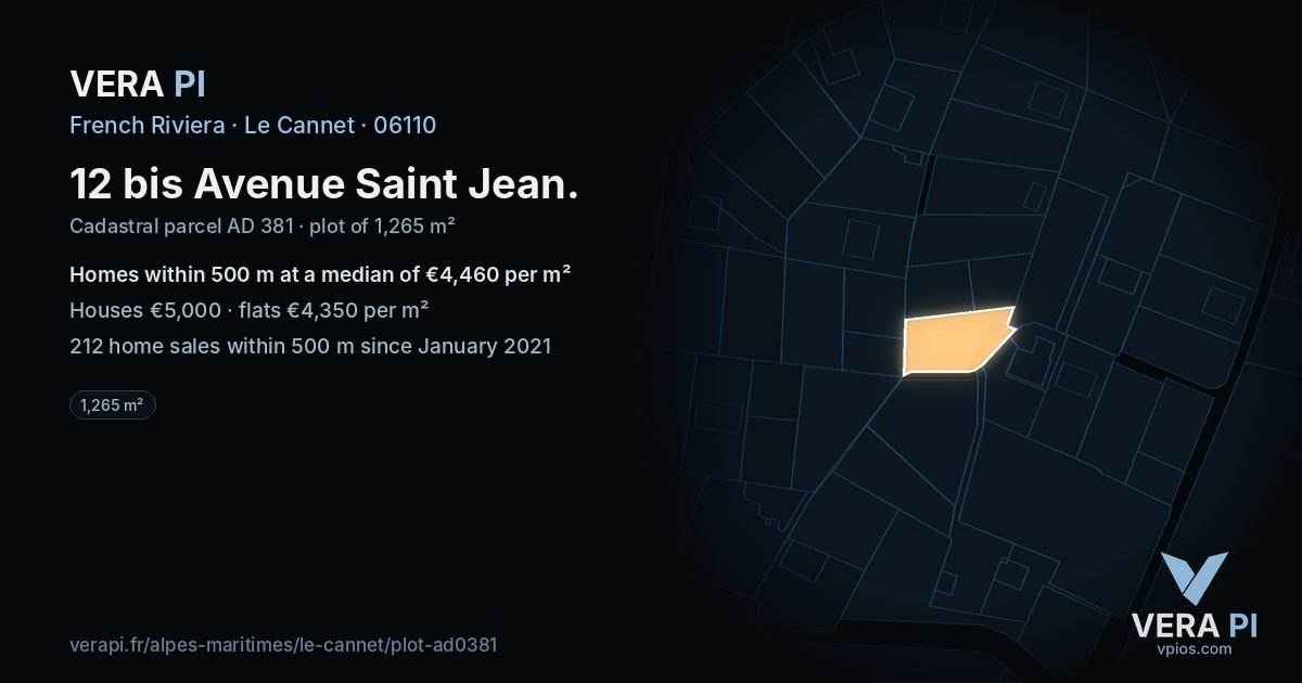 12 bis Avenue Saint Jean, Le Cannet at night – the plot lit, the parcels around coloured by the prices near them