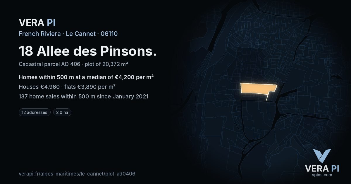 18 Allee des Pinsons, Le Cannet at night – the plot lit, the parcels around coloured by the prices near them