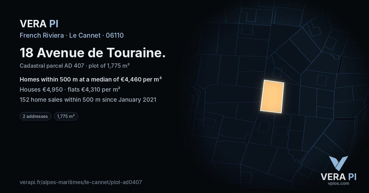 18 Avenue de Touraine, Le Cannet at night – the plot lit, the parcels around coloured by the prices near them