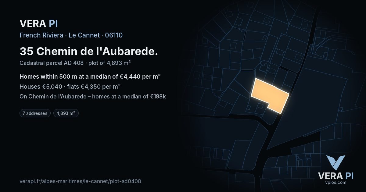 35 Chemin de l'Aubarede, Le Cannet at night – the plot lit, the parcels around coloured by the prices near them