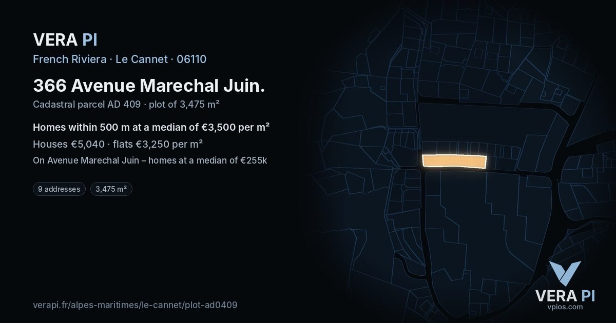 366 Avenue Marechal Juin, Le Cannet at night – the plot lit, the parcels around coloured by the prices near them